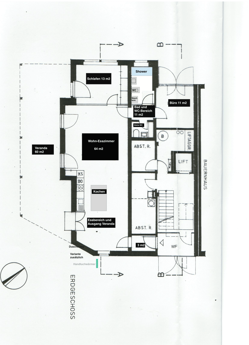Floor plan of a 2-story house with labeled rooms including living-dining area, kitchen, bedroom, bathroom, shower, office, and veranda.