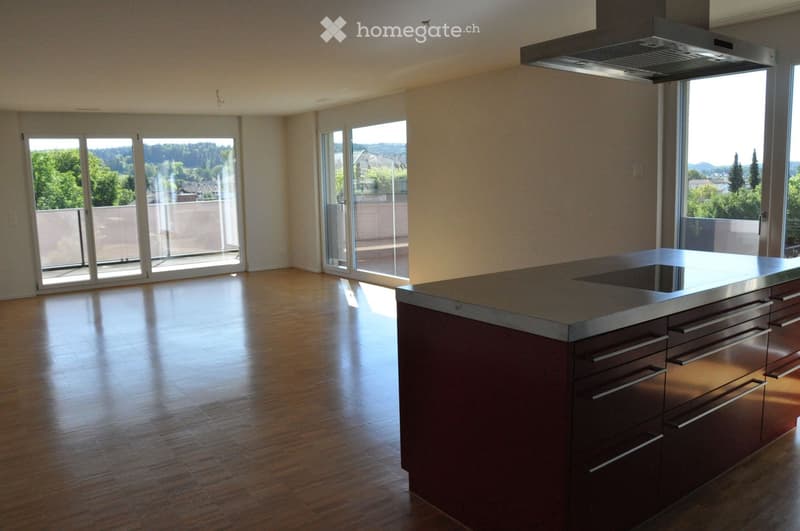 Modern kitchen with wooden flooring, large island with stainless steel countertop, and expansive windows offering a scenic view.