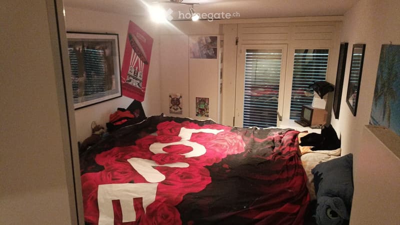 A cozy bedroom with a large bed covered in a red and black blanket, a laptop on a nightstand, framed pictures and posters on the walls, and a window with blinds.
