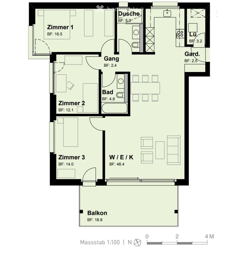 Floor plan showing three bedrooms, a bathroom, a hallway, a living area, a kitchen, a balcony, and a garden.