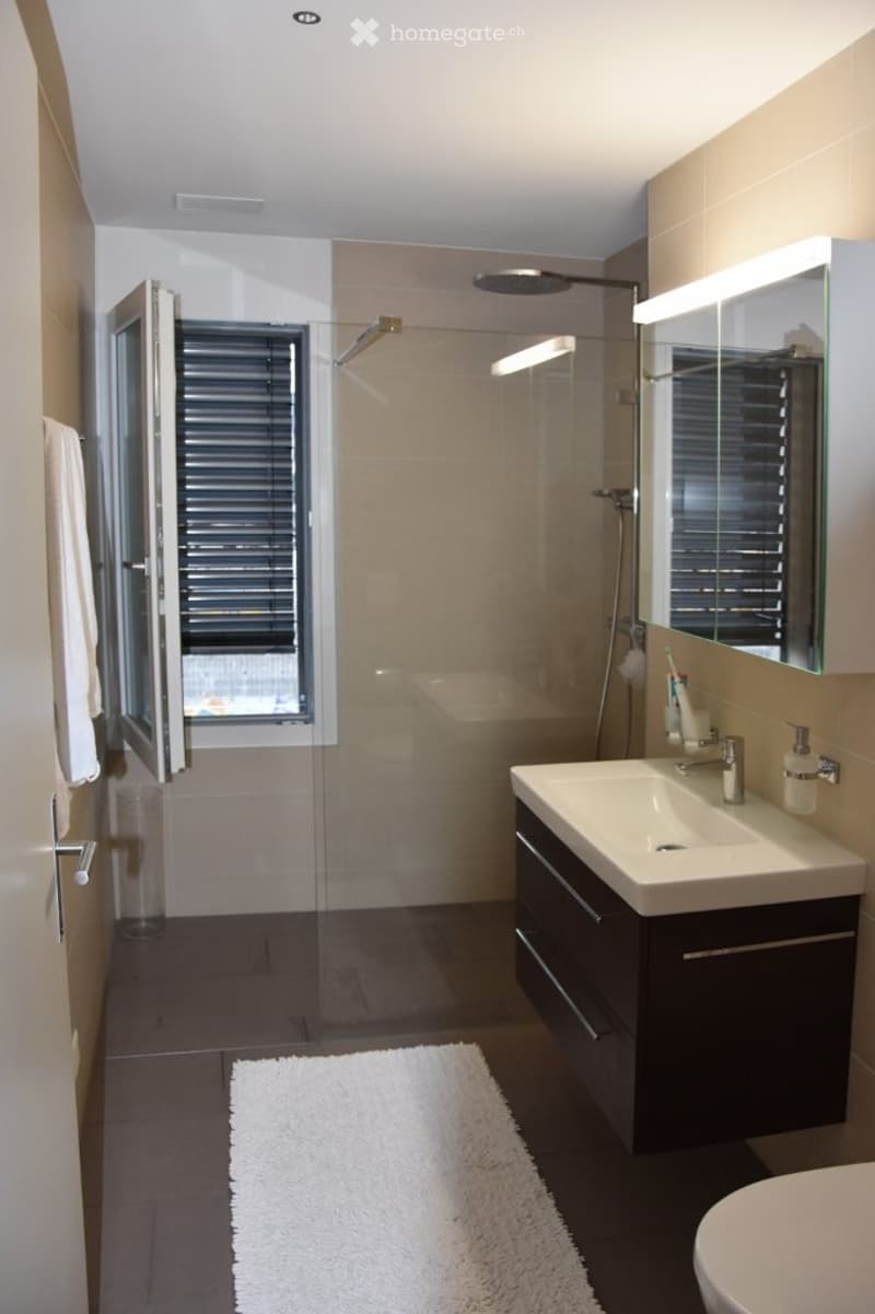 Modern bathroom with a glass-enclosed shower, a white sink with a dark cabinet, a large mirror with built-in lighting, and a white towel on the floor.