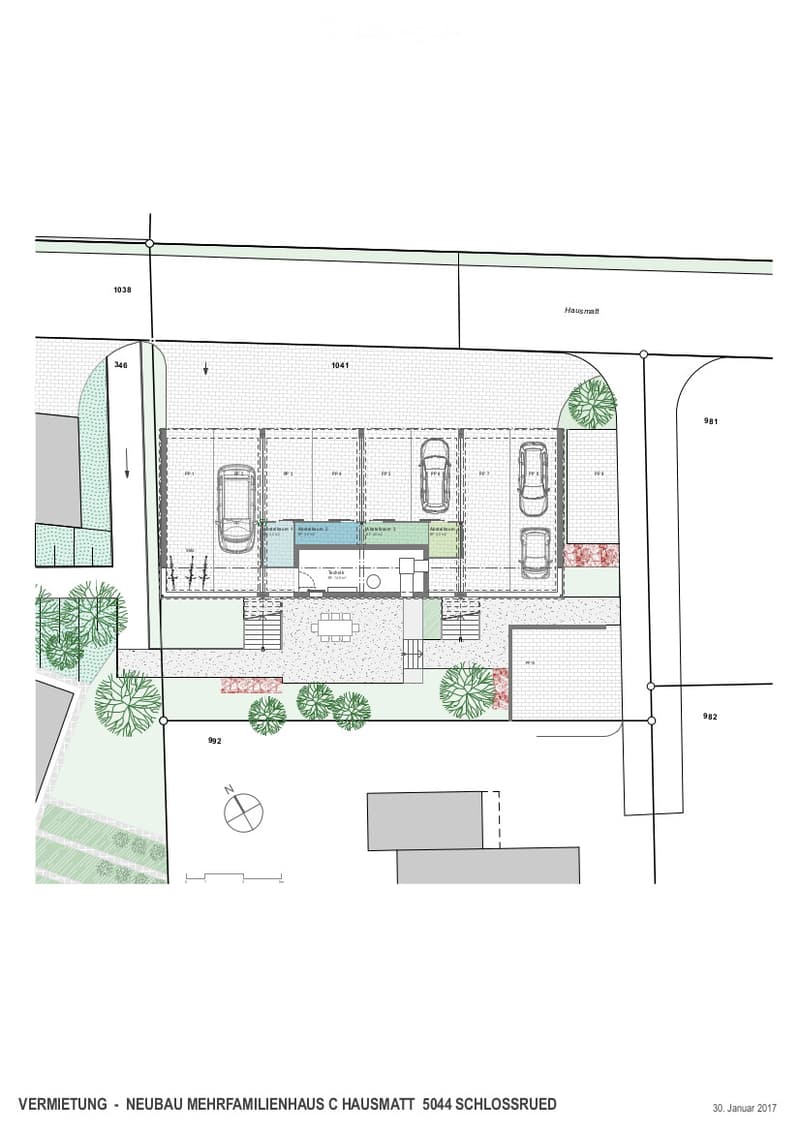 Floor plan of a multi-family house with parking spaces, entrance, and surrounding greenery.