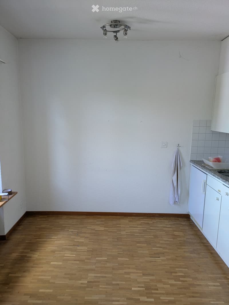 Empty room with wooden flooring, white walls, and white cabinets. A small shelf with a few items is visible on the left side.