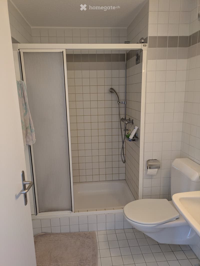 Clean bathroom with white tiles, a shower stall, toilet, sink, and a towel hanging on the door.