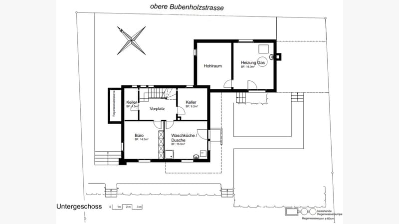 main level: living room, office, kitchen, bathroom, garage, ground floor: two bedrooms, attic: bedroom, storage