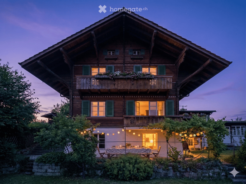 Traditional wooden house with a steep roof, multiple windows, and a balcony. The surrounding area includes outdoor seating and string lights.