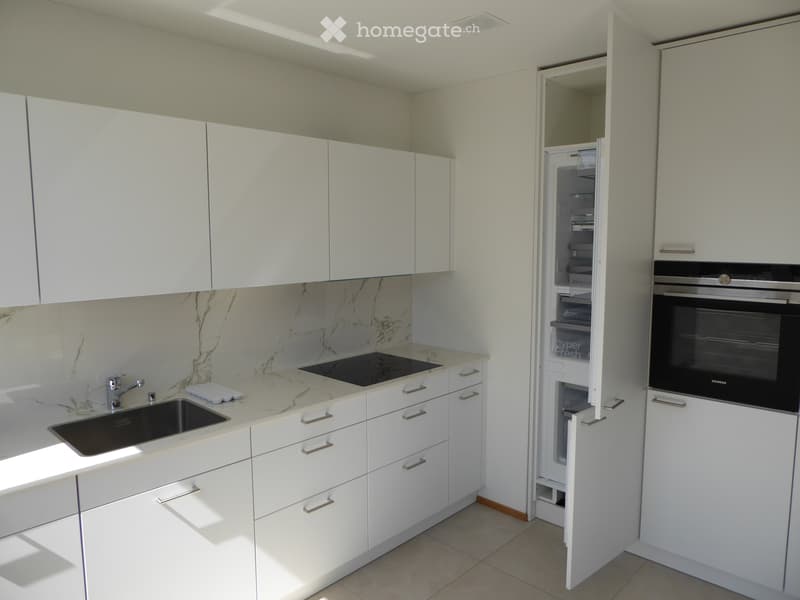 Modern kitchen with white cabinets, marble countertops, stainless steel sink, and built-in appliances including an oven and refrigerator.