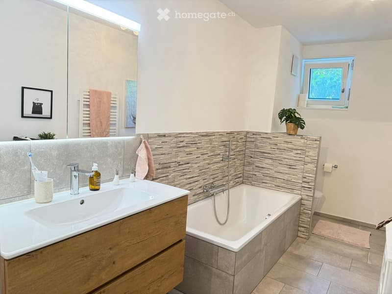 Modern bathroom with a large sink, bathtub, and toilet. Features a large mirror, wooden vanity, and decorative towels. Includes a small window with a plant on the sill and a framed picture on the wall.