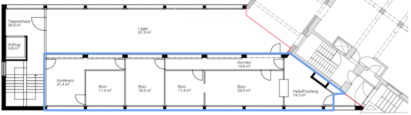 Offices layout with open space and separate rooms with a conference room, kitchen area, entrance hall, corridor and entrance hall