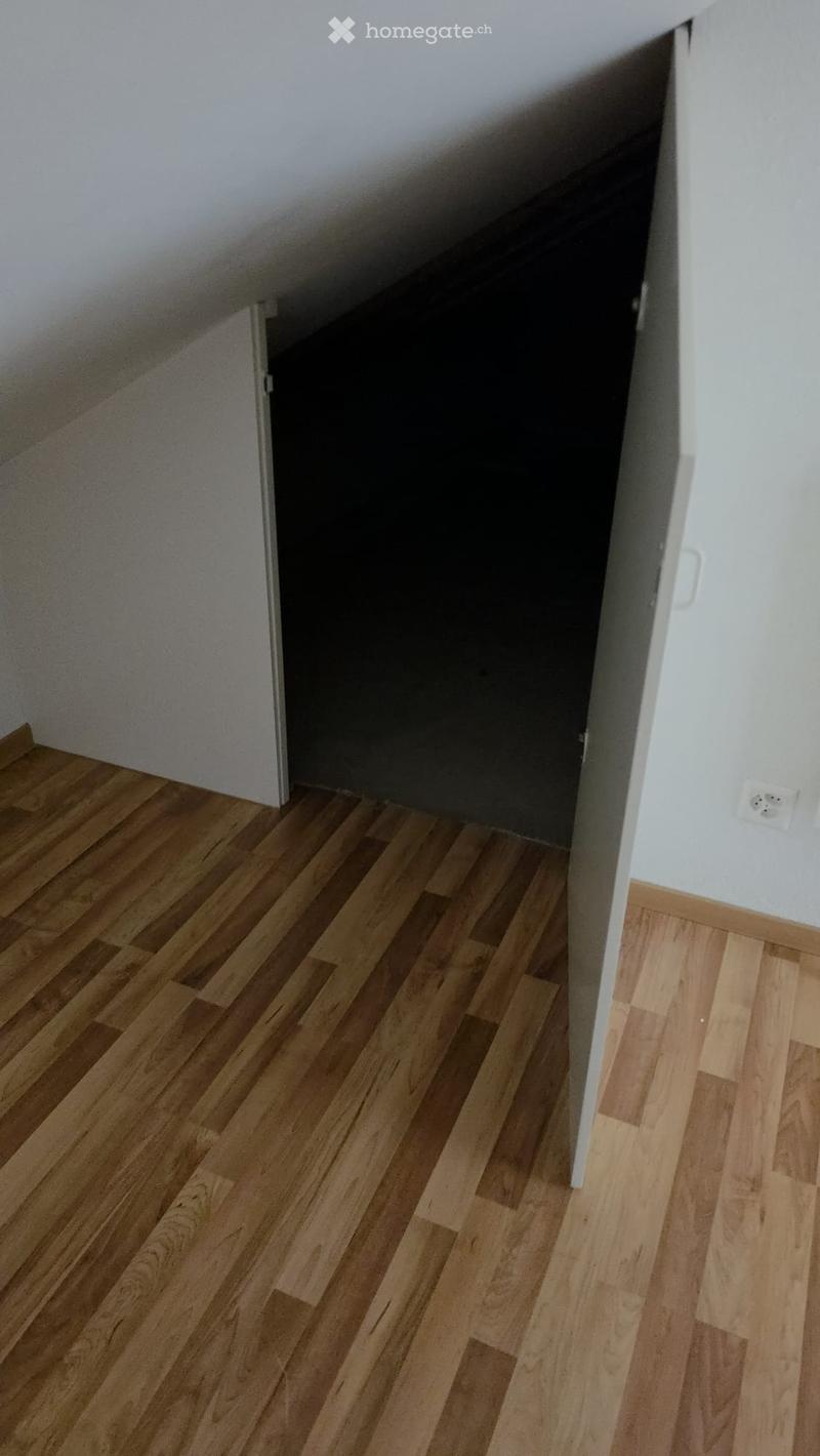 A narrow hallway with light wooden flooring and white walls, featuring a partially open door leading to a dark room.