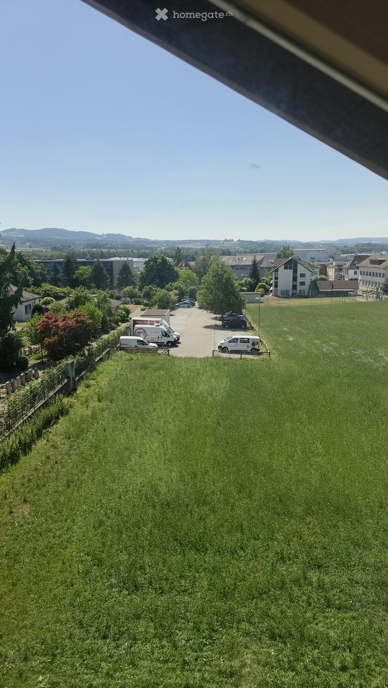 A panoramic view of a green field with a fence on the left, several parked vehicles, and distant buildings and trees.