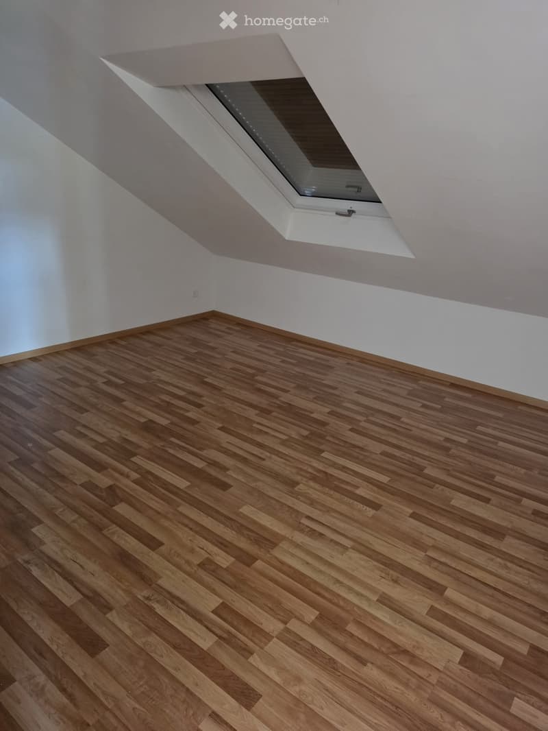 Empty room with wooden flooring, white walls, and a skylight window in the slanted ceiling.