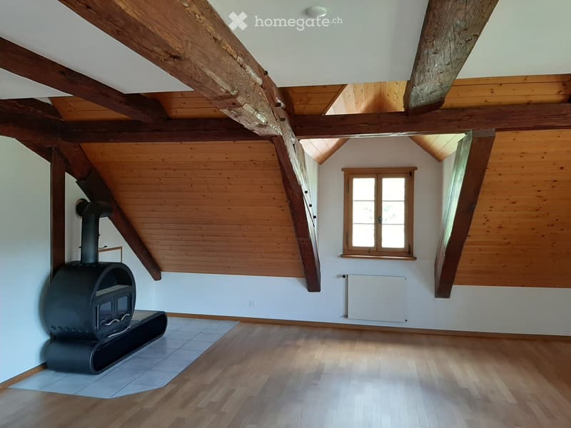 Empty attic space with wooden beams, wooden flooring, and a black wood-burning stove. There is a window and a radiator on the wall.