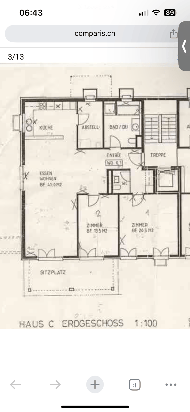 Floor plan of Haus C Erdgeschoss showing kitchen, living/dining area, two bedrooms, bathroom, storage, entrance, staircase, and WC.