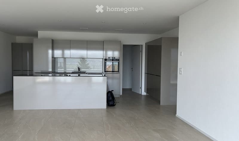 Modern kitchen with grey cabinets, white island, and stainless steel appliances, featuring a balcony view.