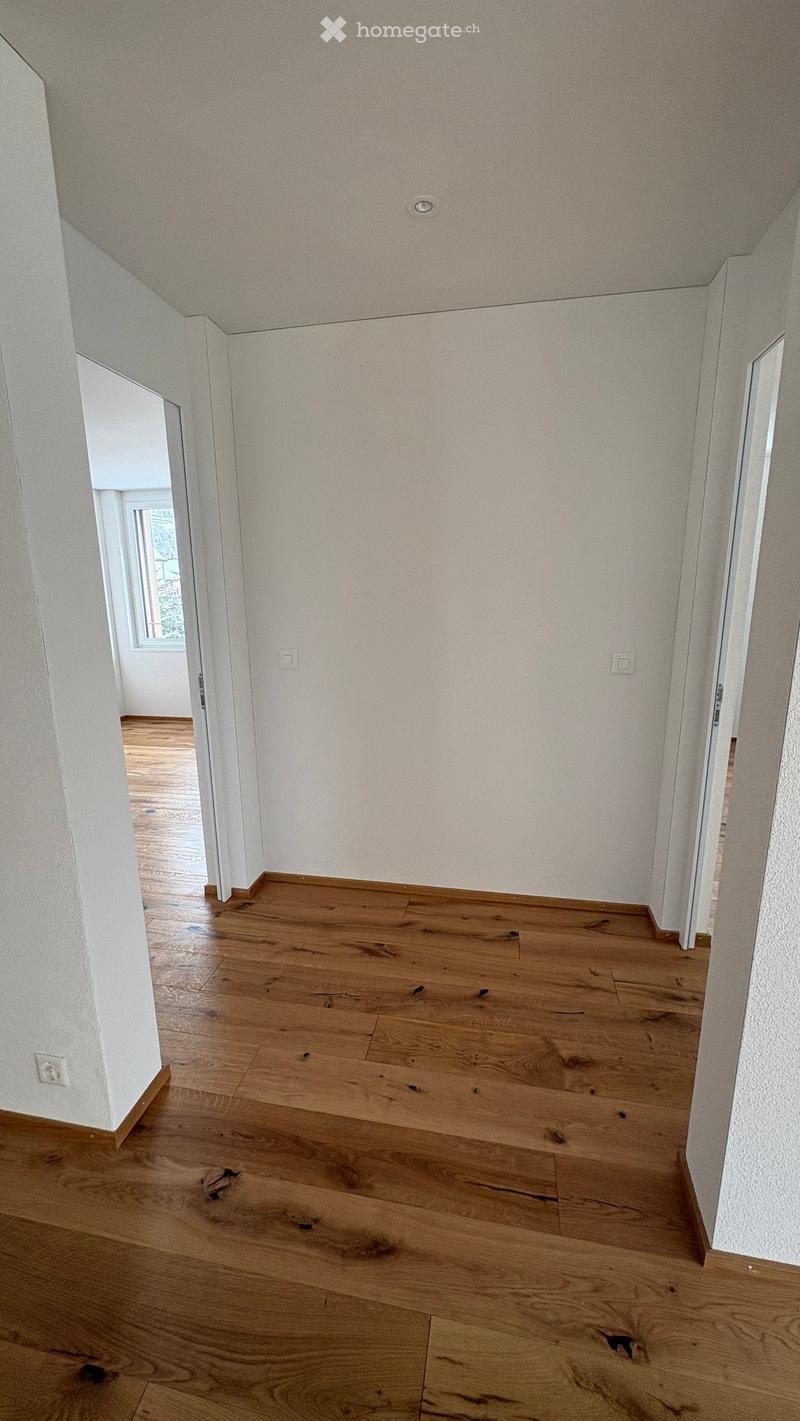 Empty hallway with light wooden flooring and white walls, featuring a visible electrical outlet and a small window at the end.