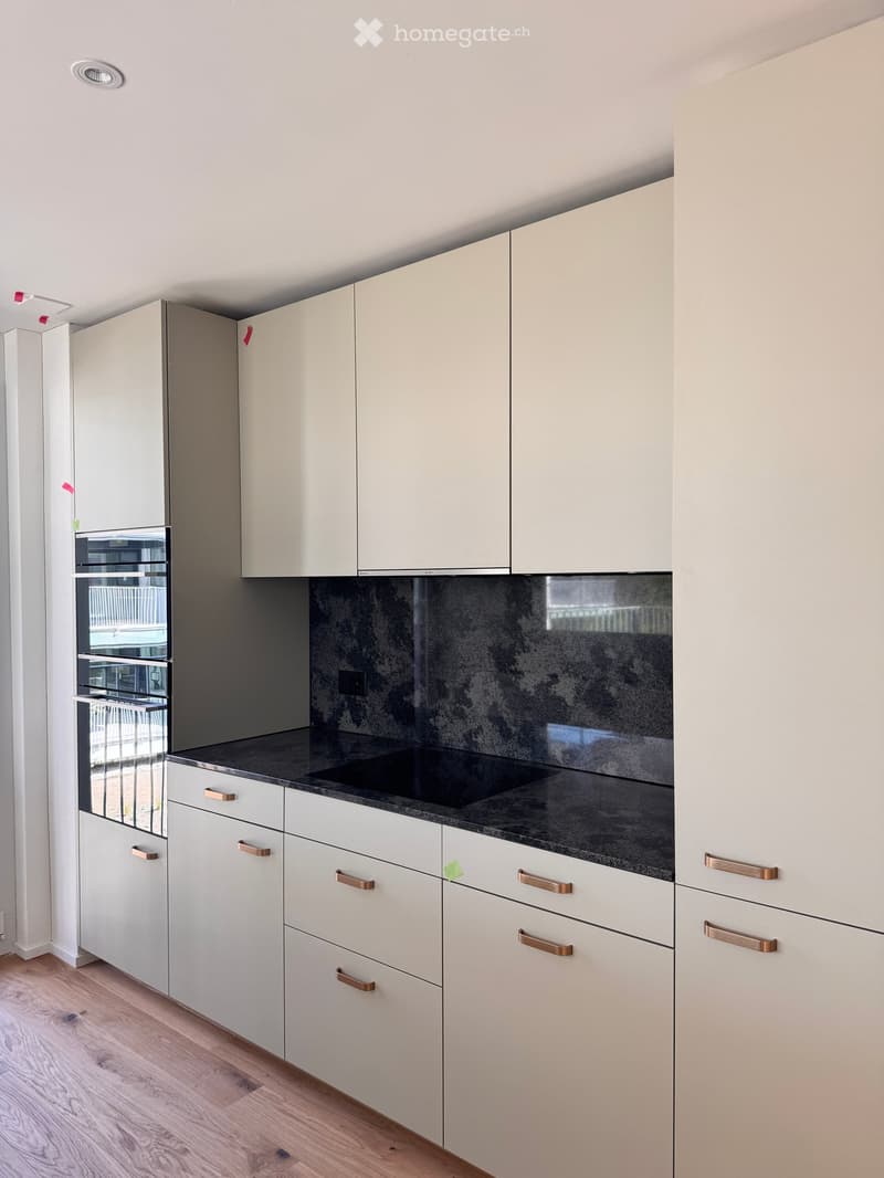 Kitchen. Modern kitchen with white cabinets, black granite countertops, and copper handles.