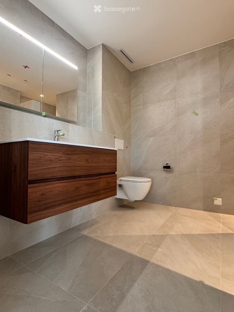 Bathroom. Modern bathroom with a wooden vanity, a large mirror, a white toilet, and a wall-mounted toilet paper holder.