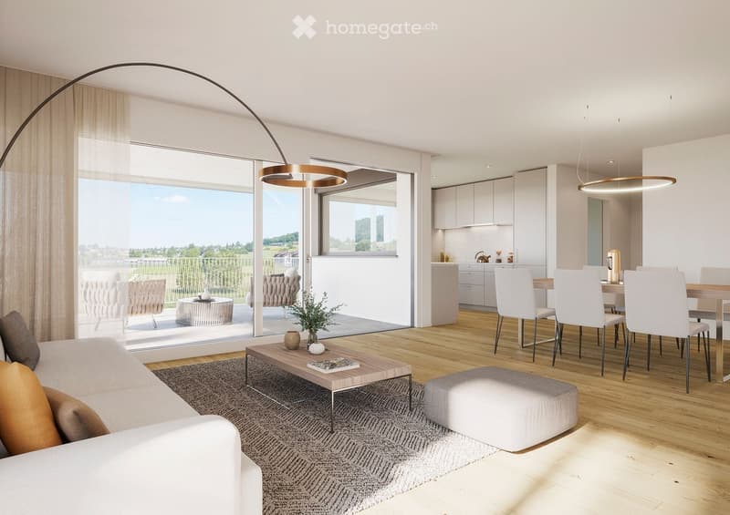 open plan living room, large windows, balcony, dining table, modern furniture, wooden floor