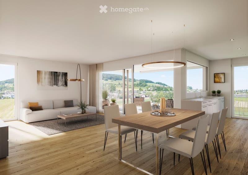 modern living room with large windows, wooden floor, white couch, coffee table, dining table, chairs, kitchen, balcony, plants, lamps