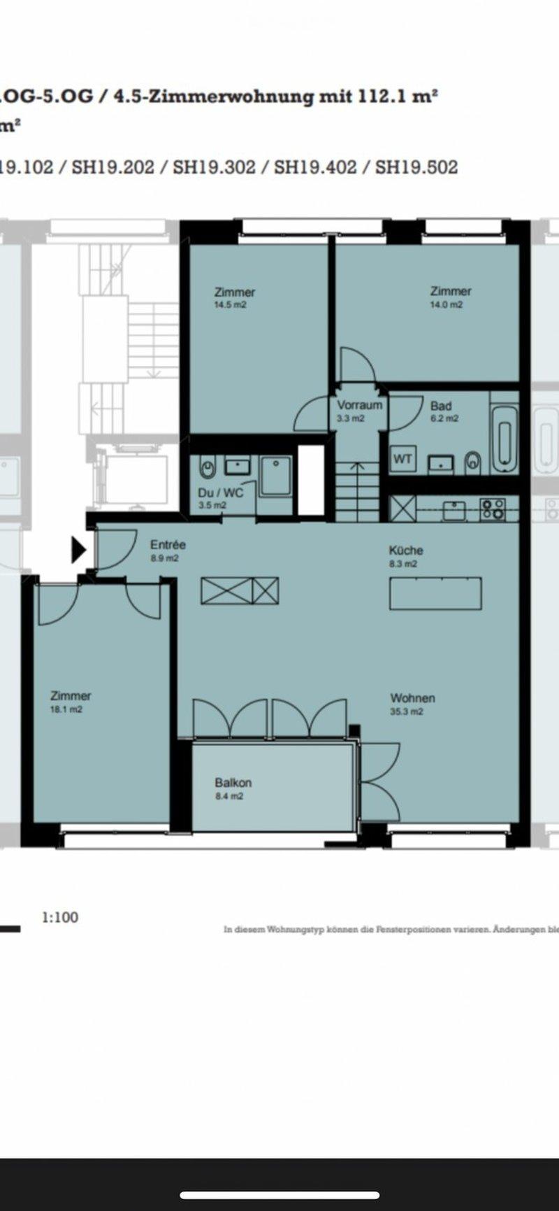 Floor plan of a 4.5-room apartment with 112.1 m², including living room, kitchen, 4 bedrooms, 2 bathrooms, and a balcony.