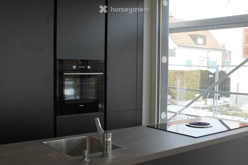 Modern kitchen with dark grey cabinets, stainless steel sink, faucet, Siemens oven, and induction cooktop. Large window offers a view of the outdoor area.