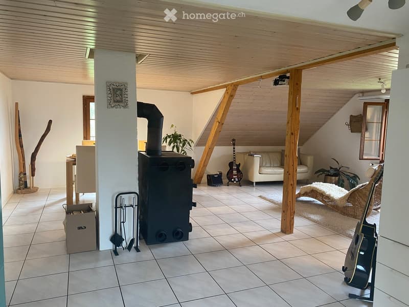 A spacious, well-lit living room with wooden beams and a slanted wooden ceiling. Features include a wood stove, a white leather sofa, a wicker chair, a guitar on a stand, and a small table with a plant. The room has tiled flooring and large windows, creat