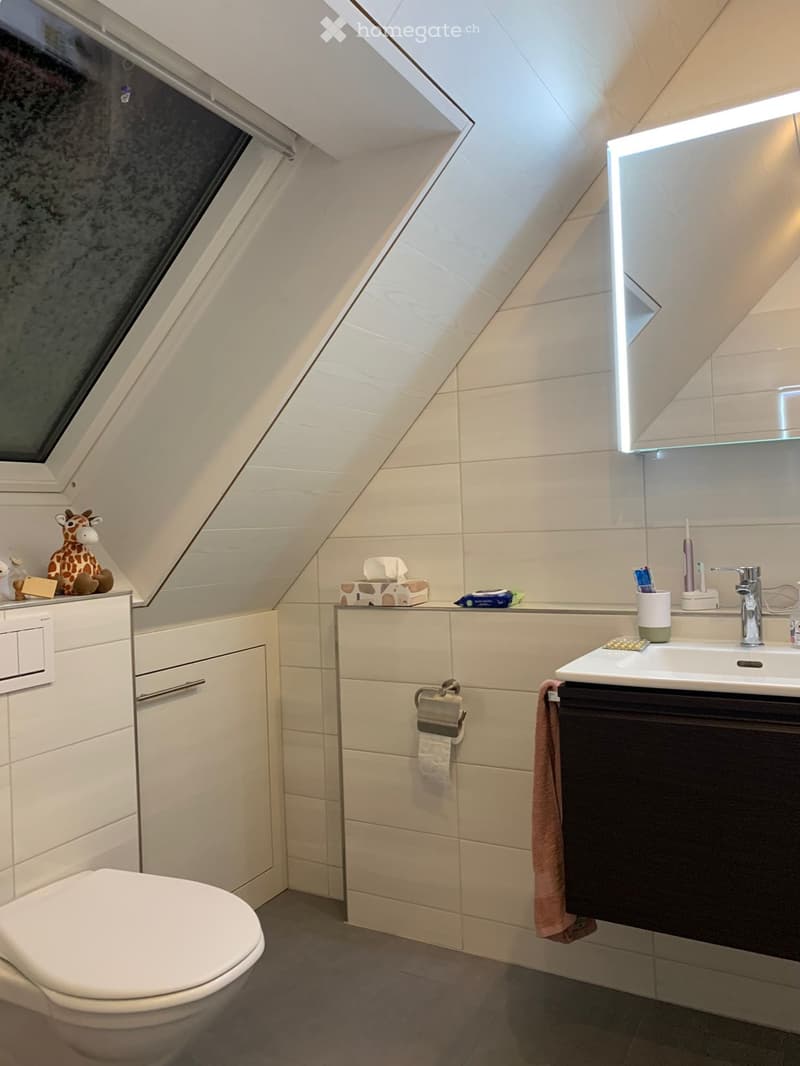 Modern bathroom with white tiles, a toilet, a sink with a mirror, and a towel hanging on a rack. A small giraffe toy is placed on the cabinet.