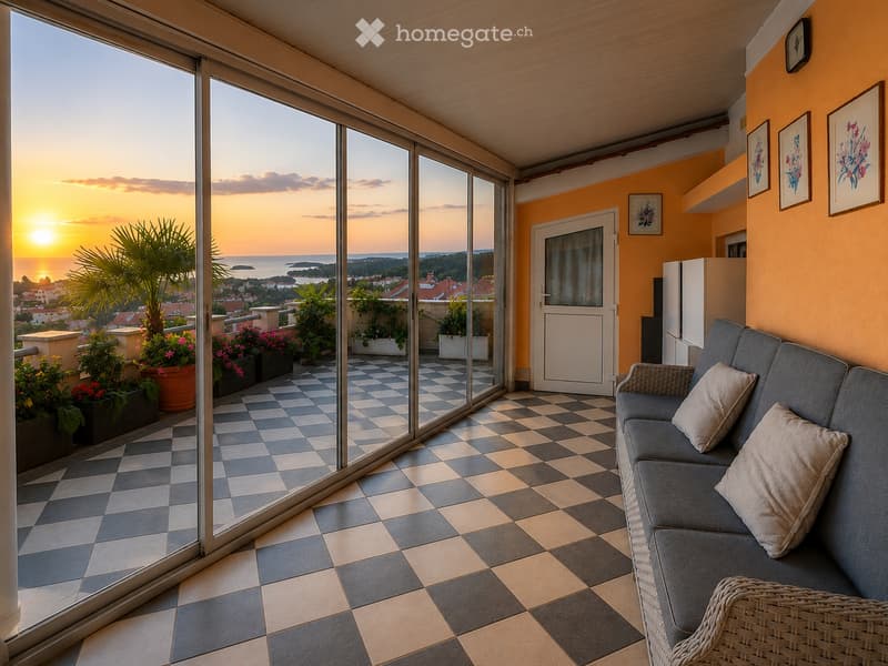 Bright living space with checkered flooring, large glass doors opening to a balcony, sofa with cushions, wicker chair, and refrigerator visible.
