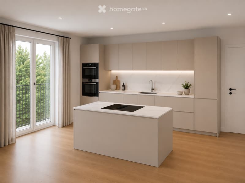 Modern kitchen with light-colored cabinets, a central island with an induction cooktop, built-in oven, and a sink with a modern faucet. The space features wooden flooring, large windows with curtains, and a small balcony visible through the glass doors.