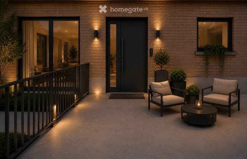 Balcony with modern furniture, including two chairs, a round table with a candle, and potted plants. The balcony has a metal railing and is adjacent to a house entrance with a dark door and glass panels.