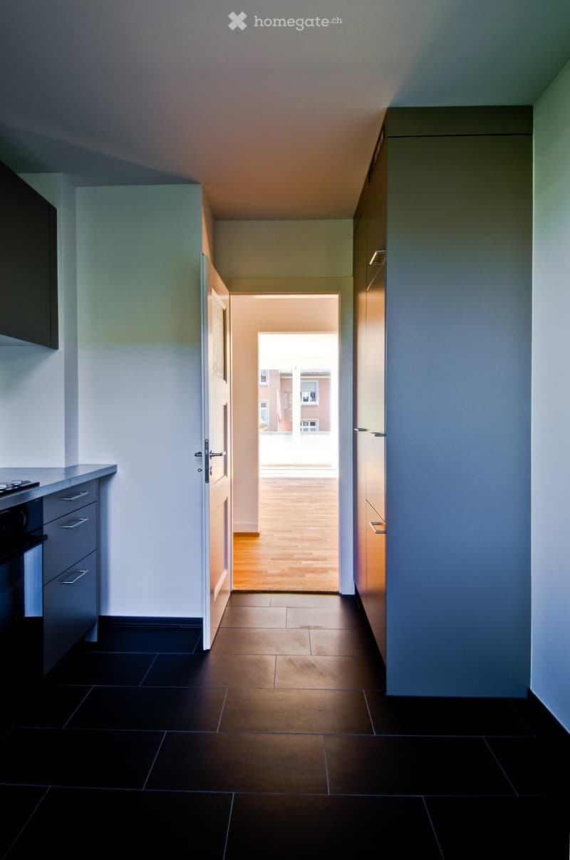 Modern hallway with dark tiled floor, white walls, and a partially open door leading to a bright outdoor area with wooden flooring.