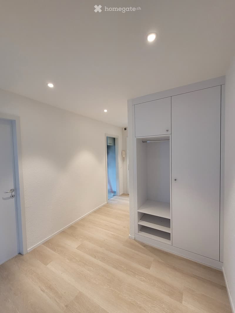 Unfurnished Room. Empty hallway with light wooden flooring, white walls, and built-in closet with shelves. No furniture or personal items present.