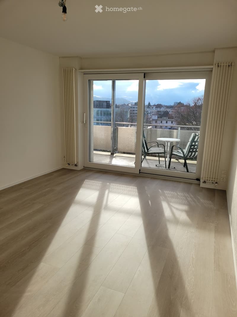 Unfurnished Room. Empty room with wooden flooring, large sliding glass door leading to a balcony with outdoor furniture and scenic city view.