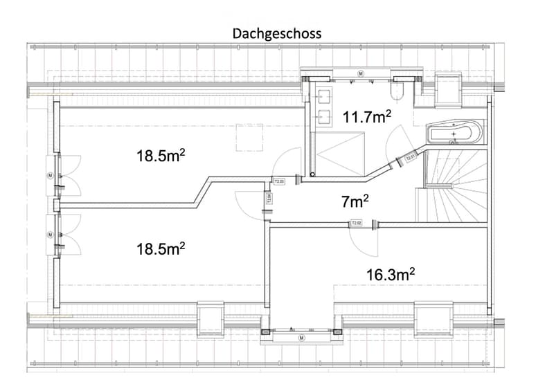 Roof floor plan showing multiple rooms with labeled areas: 18.5m², 18.5m², 16.3m², 7m², and 11.7m².