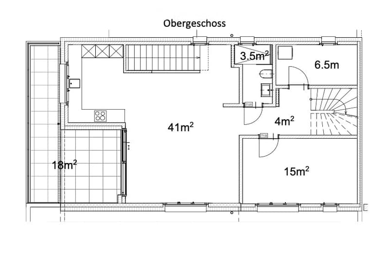 Floor plan of a two-story building with labeled areas including a 41m² living space, 18m² room, 15m² room, 4m² room, 3.5m² room, and a6.5m² area.