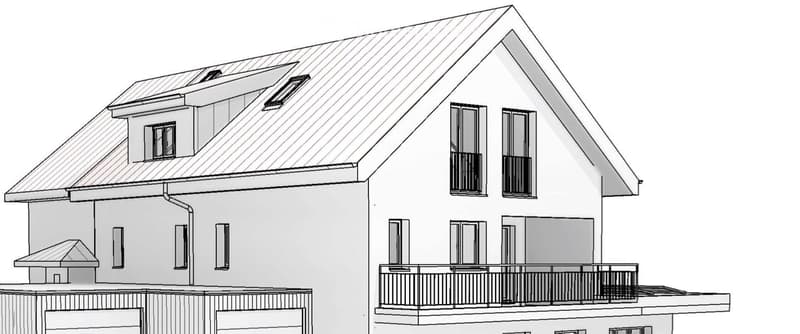Two-story house with a garage, multiple windows, and a balcony on the upper level.