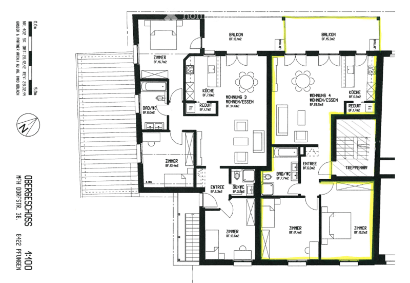 Floor plan of a multi-unit building with four apartments, each featuring a kitchen, living/dining area, bedrooms, bathrooms, and balconies.