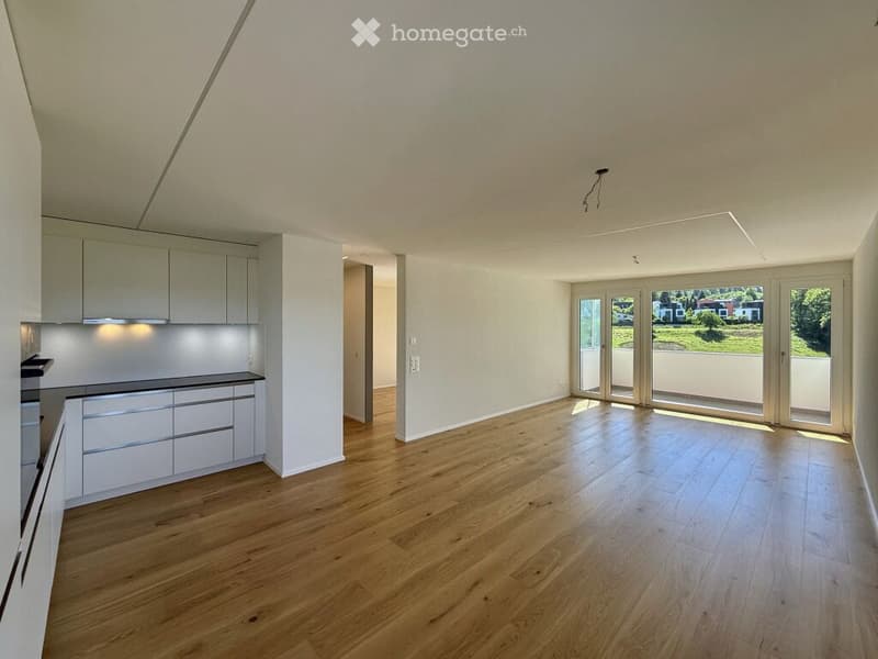 Bright, unfurnished room with light wooden flooring, white walls, and large glass doors leading to a view of greenery and houses outside.