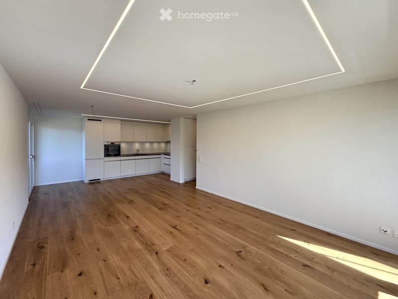 Open-plan space with a modern kitchen area featuring white cabinets and stainless steel appliances, connected to a living area with wooden flooring and white walls.