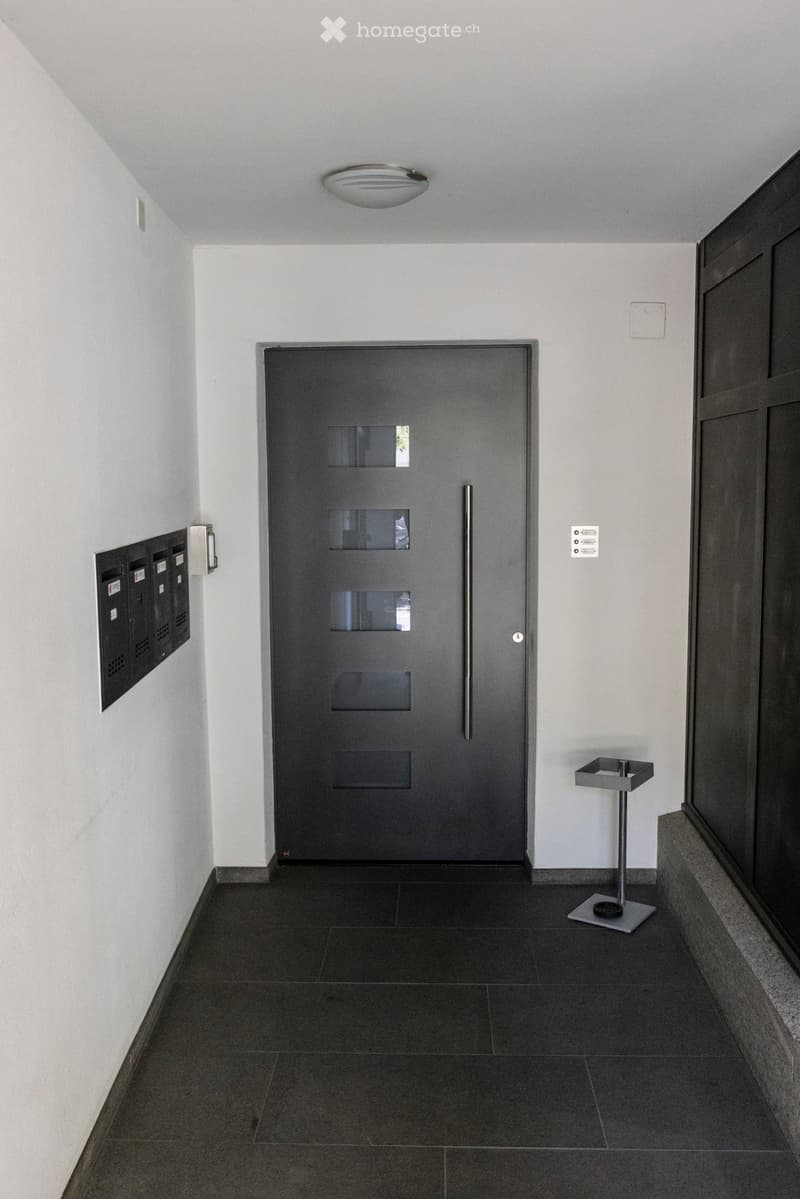 Entrance hallway, white walls, tiled floor, main door, mailboxes, overhead light, metal stand