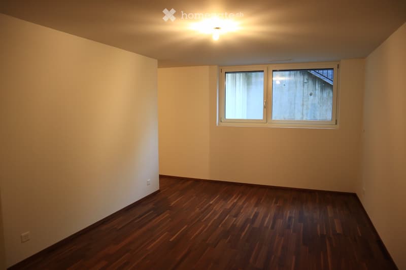 wooden floor, white walls, window, ceiling light