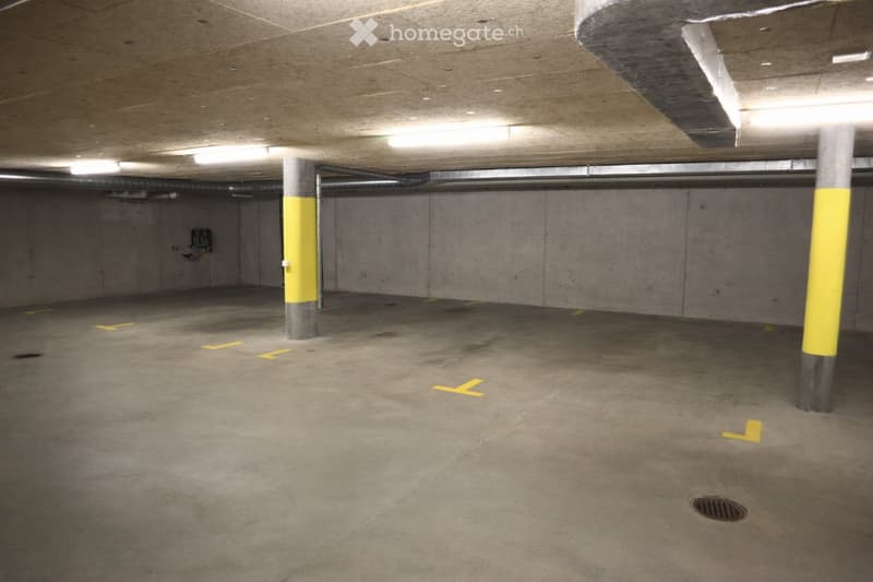 Empty underground parking space with concrete floors and walls, marked parking spots, support pillars, and lighting.