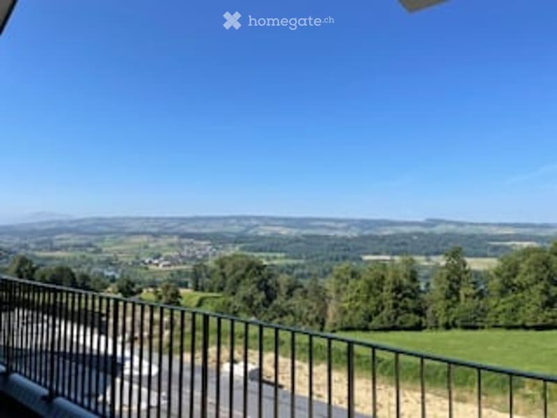 Balcony with metal railing, overlooking a scenic countryside with fields, trees, and distant hills under a clear blue sky.