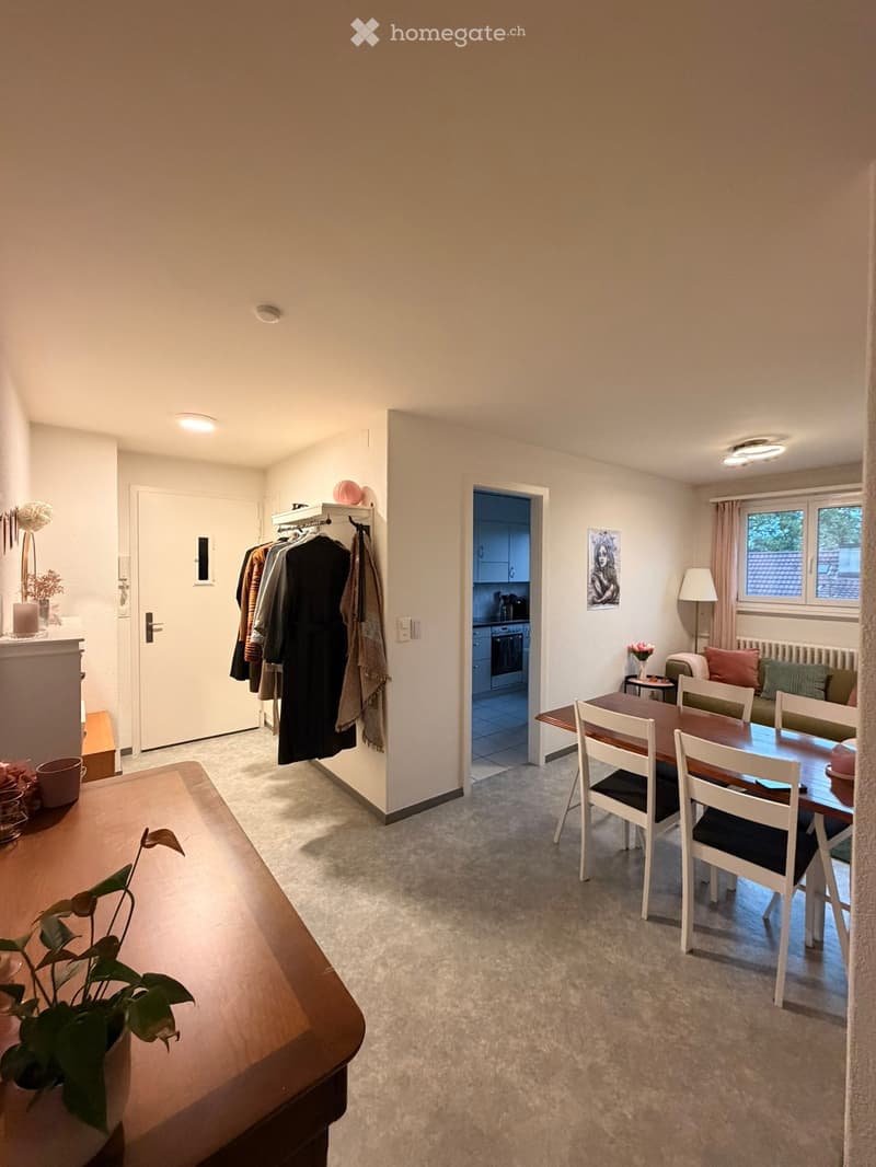 Bright living and dining area with a sofa, dining table, chairs, coat rack, and decorative items.