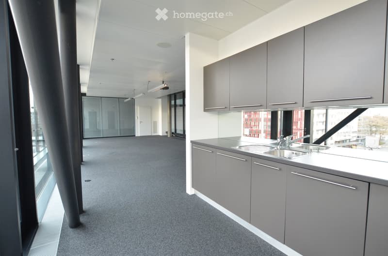 Modern, unfurnished room with grey carpet, white walls, grey cabinets, and a sink area. Large windows and glass partitions provide natural light.