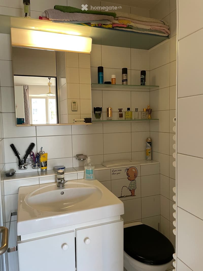 Bathroom with white tiles, a sink, mirror, toilet, and shelves with toiletries.