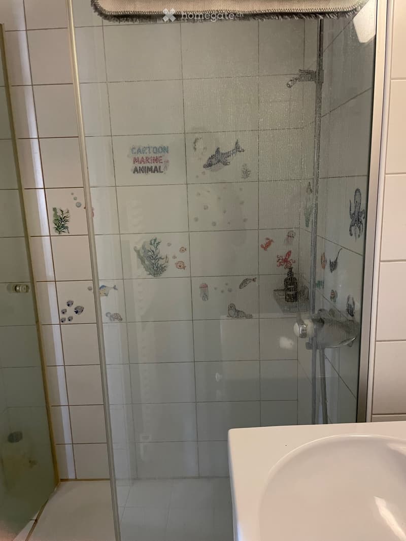 Bathroom with a glass shower door, white sink, and marine animal-themed tiles.