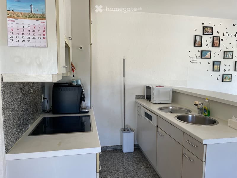 Compact kitchen with induction cooktop, microwave, sink, and dishwasher. Wall-mounted calendar and decorative wall stickers.