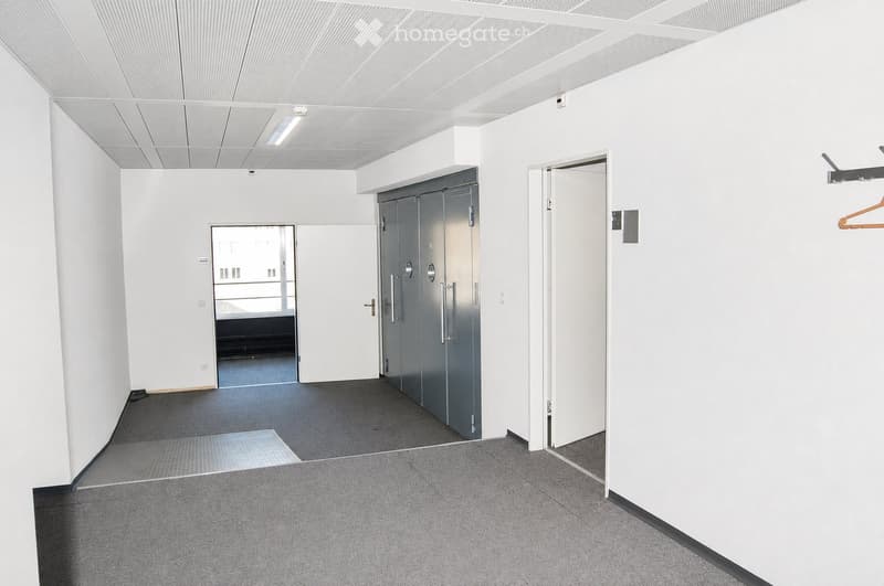 Empty hallway with white walls, grey carpeted floor, and several doors including a large metal door and a glass-paned door leading to another room.